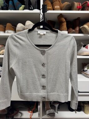 Calvin Klein Silver-Button Light Gray Cropped Cardigan